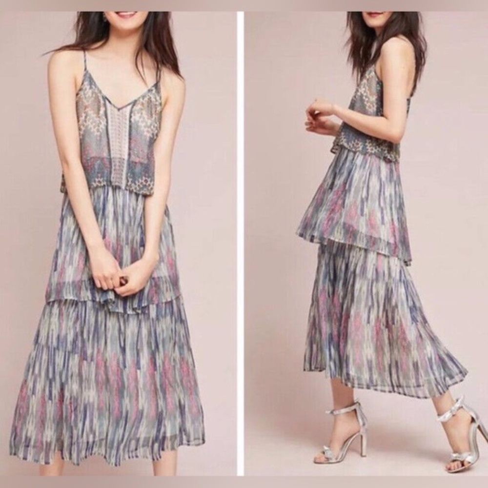 Anthropologie Meadow Rue Tiered Jose Maxi Dress Metallic Print 10